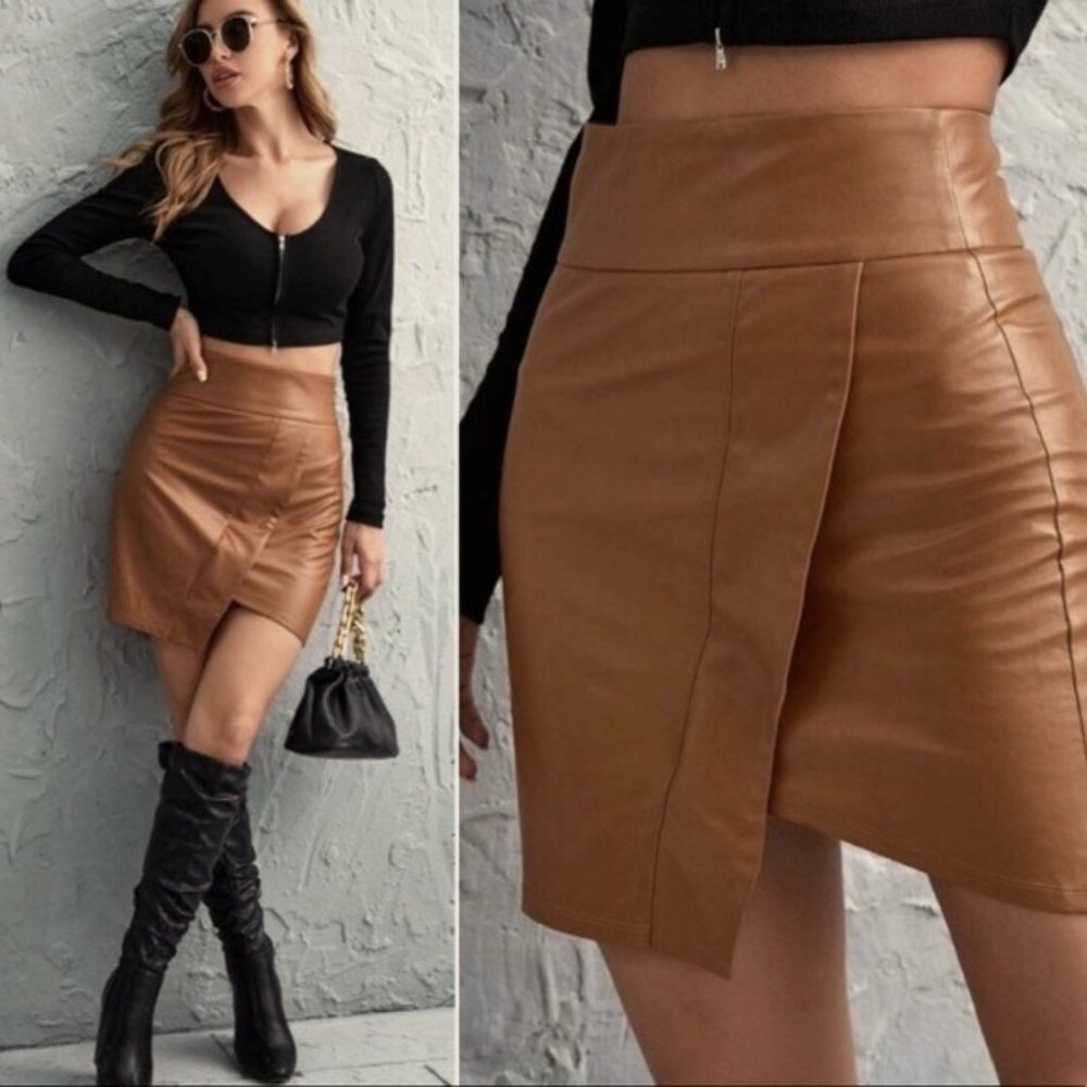 tan vegan leather skirt